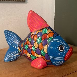 Mexican Clay Folk Art Painted Clay Fish Pottery